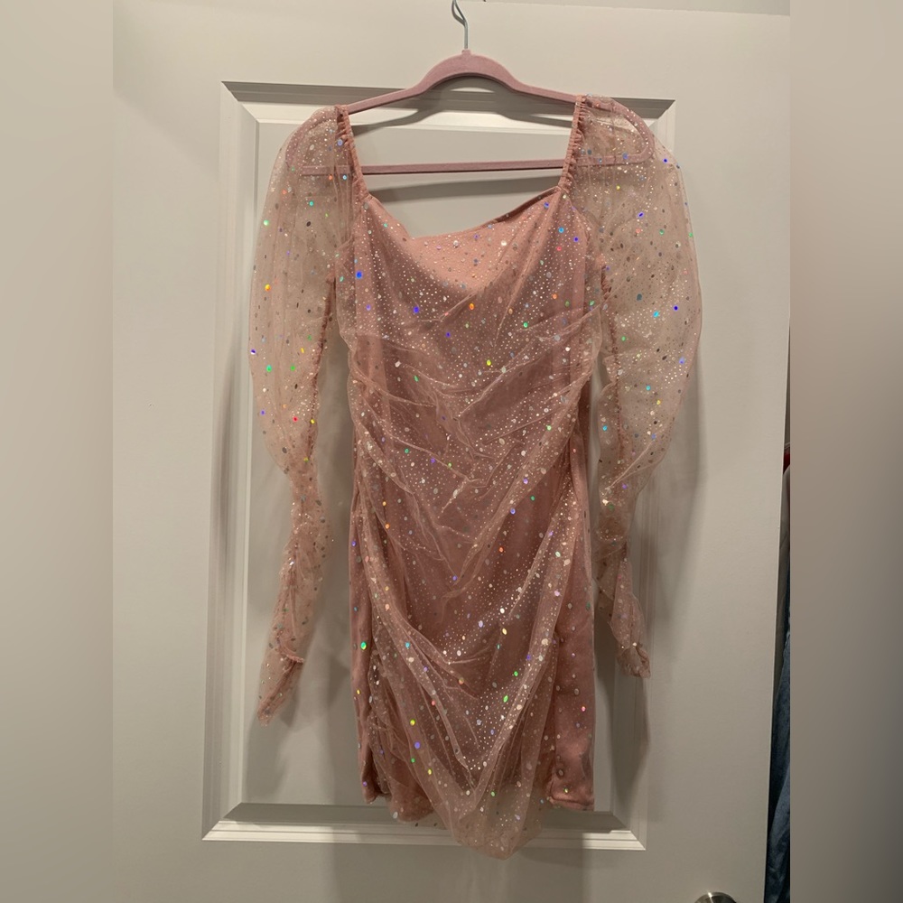 Pink sparkly ruched long sleeve party dress